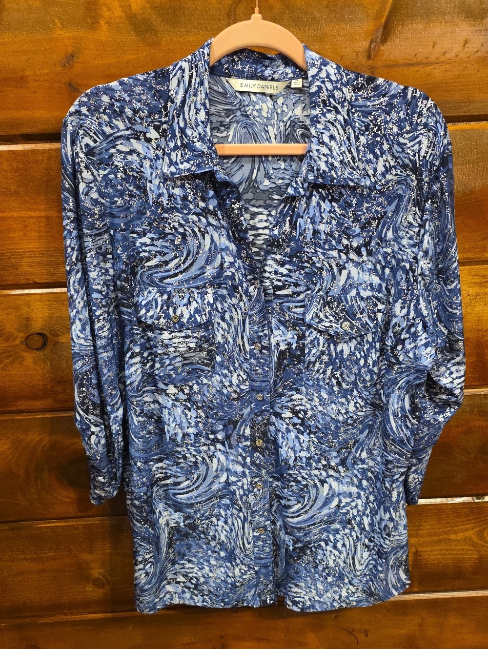 Emily Daniels Blue Swirl Sparkly Button-Up Shirt